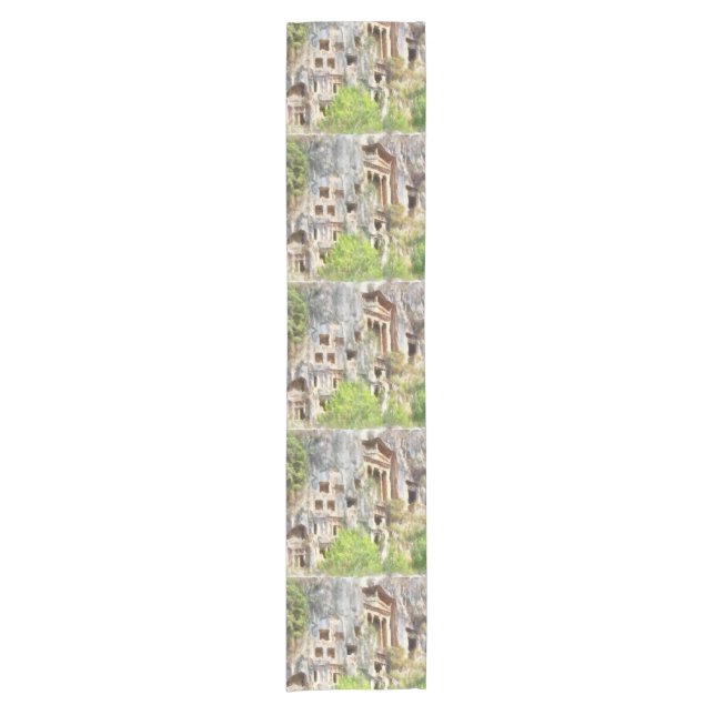 Fethiye Ancient Lycian Tombs Watercolor Short Table Runner (Front)