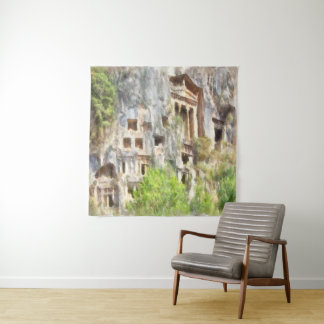 Fethiye Ancient Lycian Tombs Watercolor Tapestry