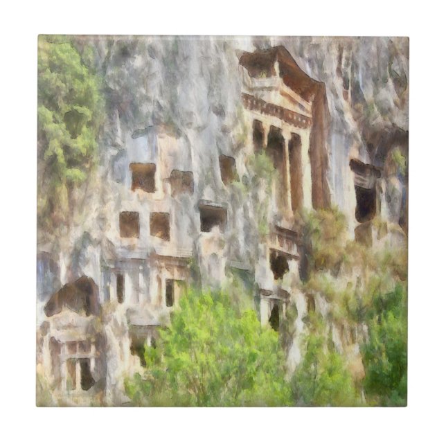 Fethiye Ancient Lycian Tombs Watercolor Tile (Front)