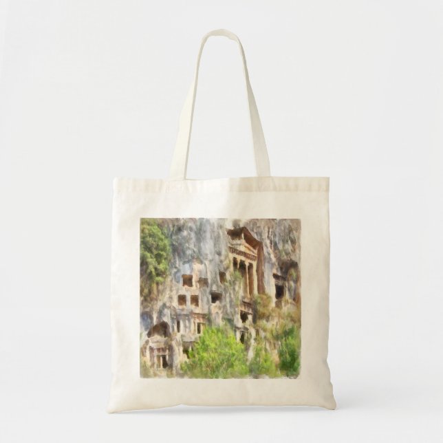 Fethiye Ancient Lycian Tombs Watercolor Tote Bag (Front)