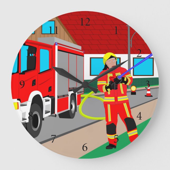 Feuerwehrmann im Feuerwehreinsatz beim löschen Gro Large Clock (Front)