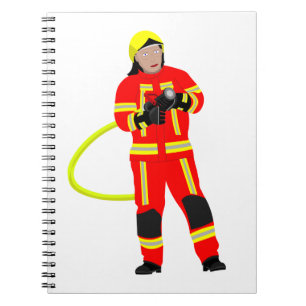 Feuerwehrmann in roter Einsatzkleidung Notebook