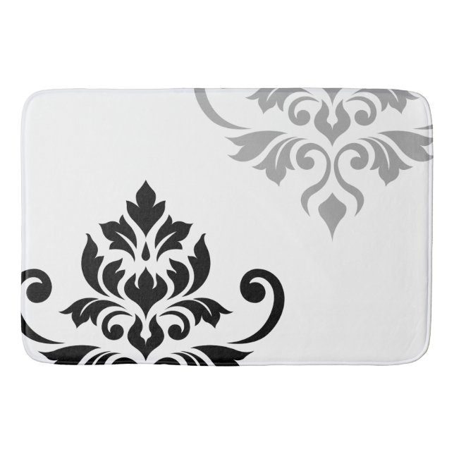 Feuille Damask Art I Black & Grey on White Bath Mat (Front)