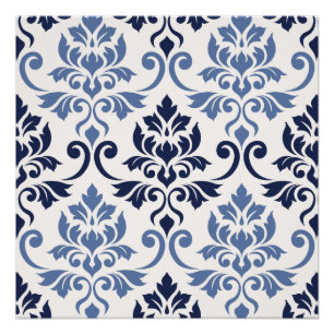 Feuille Damask Big Pattern Blues on Cream Poster