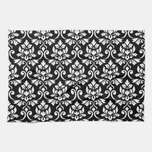 Feuille Damask Big Pattern White on Black Tea Towel