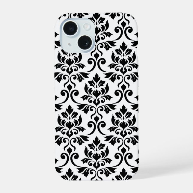 Feuille Damask Lg Pattern Black on White iPhone 15 Case (Back)