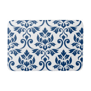 Feuille Damask Lg Pattern Dark Blue on White Bath Mat