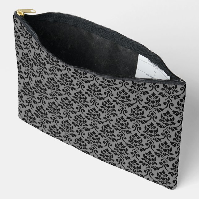 Feuille Damask Pattern Black on Grey Accessory Pouch (Open)