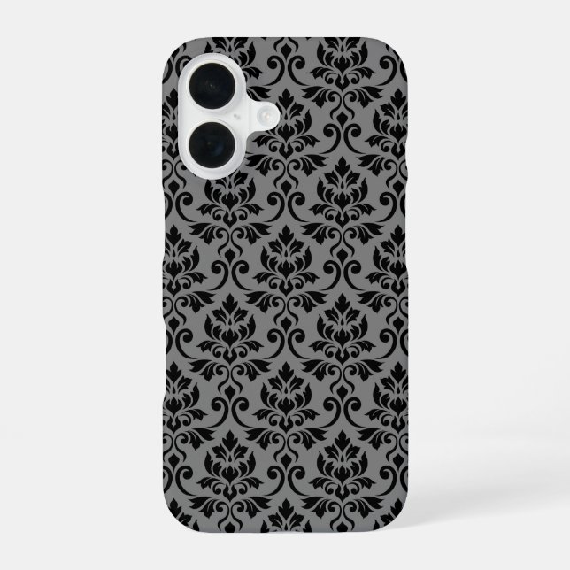 Feuille Damask Pattern Black on Grey iPhone 16 Case (Back)