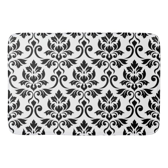 Feuille Damask Pattern Black on White Bath Mat (Front)