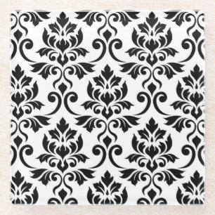 Feuille Damask Pattern Black on White Glass Coaster