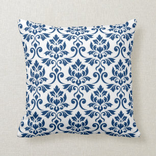 Feuille Damask Pattern Dark Blue on White Cushion