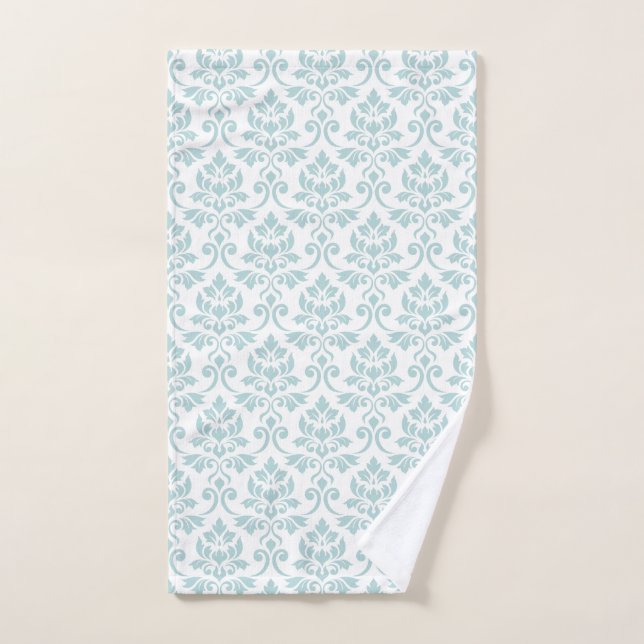 Feuille Damask Pattern Duck Egg Blue on White Hand Towel (Hand Towel)