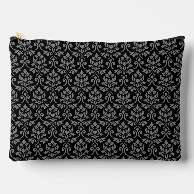 Feuille Damask Pattern Grey on Black Accessory Pouch (Front)