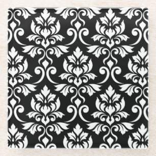 Feuille Damask Pattern White on Black Glass Coaster