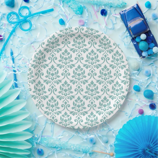 Feuille Damask Teal Large Pattern Paper Plate (Party)
