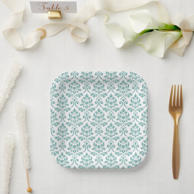 Feuille Damask Teal Large Pattern Paper Plate (Wedding)