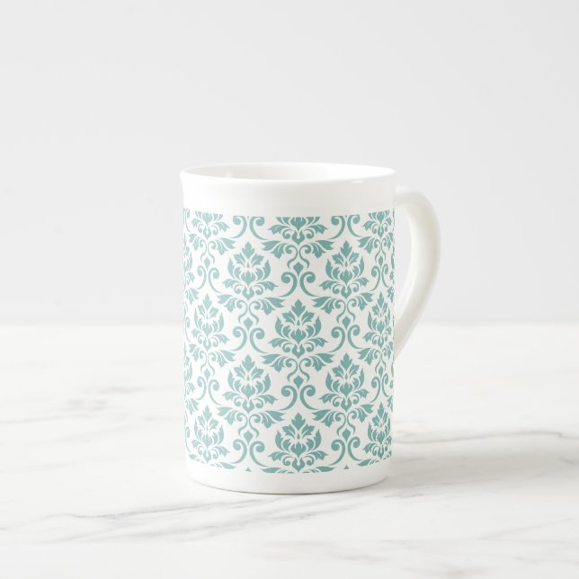 Feuille Damask Teal Pattern Bone China Mug (Front Right)