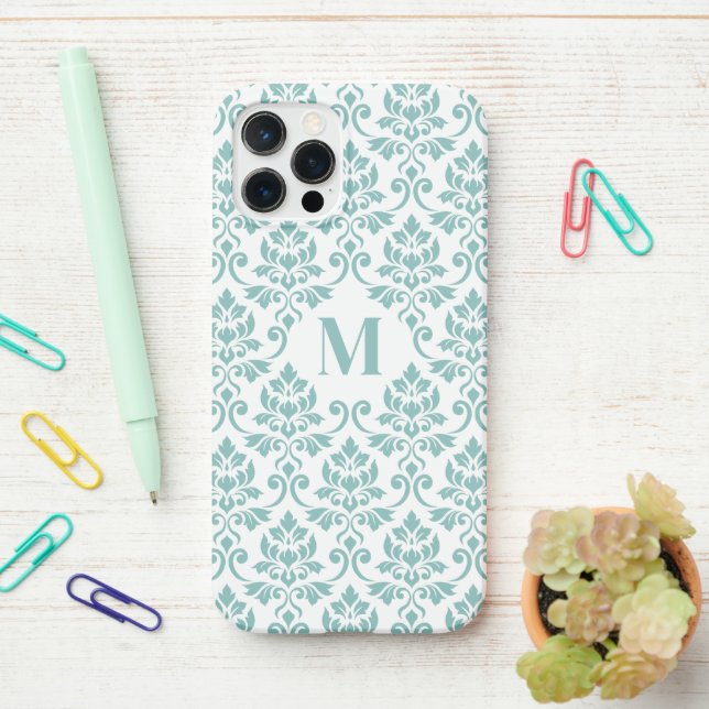 Feuille Damask Teal Pattern (Custom) iPhone Case (On Desk)