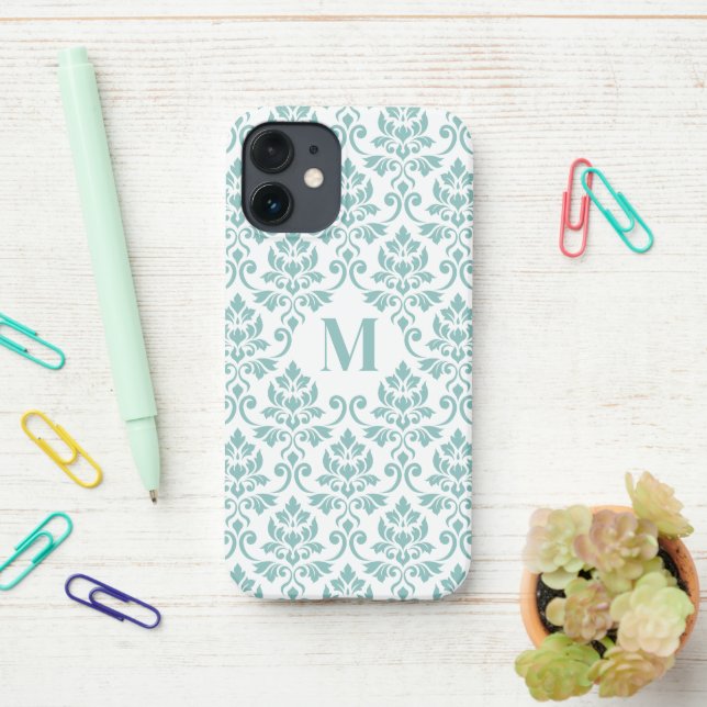 Feuille Damask Teal Pattern (Custom) iPhone Case (On Desk)