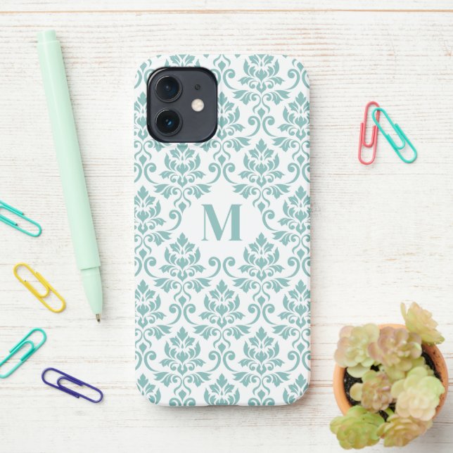 Feuille Damask Teal Pattern (Custom) iPhone Case (On Desk)