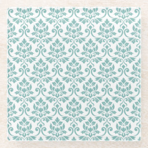 Feuille Damask Teal Pattern Glass Coaster