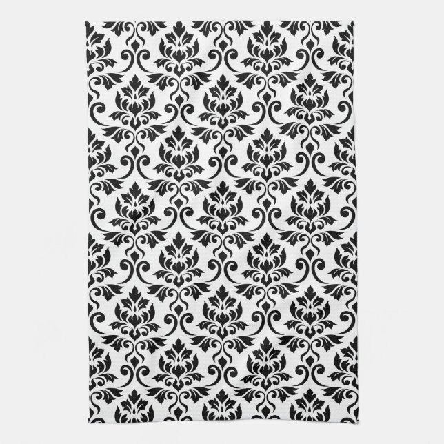 Feuille Damask (v) Pattern Black on White Tea Towel (Vertical)