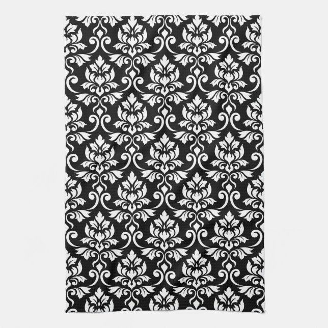Feuille Damask (v) Pattern White on Black Tea Towel (Vertical)