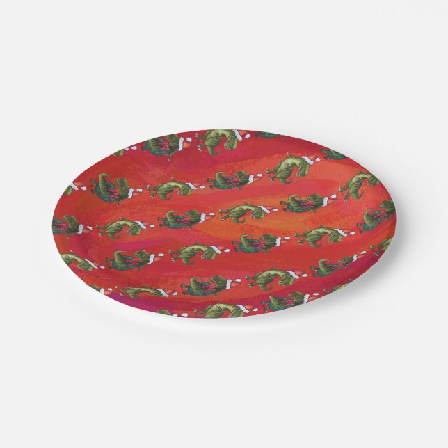 Fextive TRex Dino Pattern on Red Paper Plate (Angled)