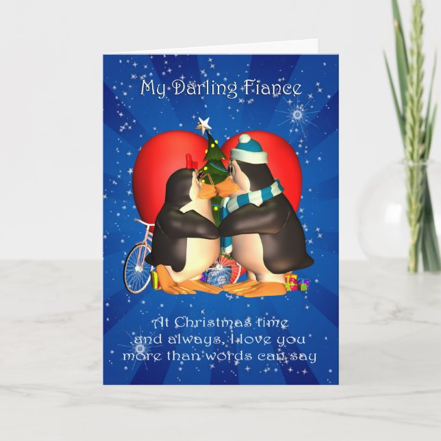 Fiance Christmas Card With Kissing Penguins Heart (Front)