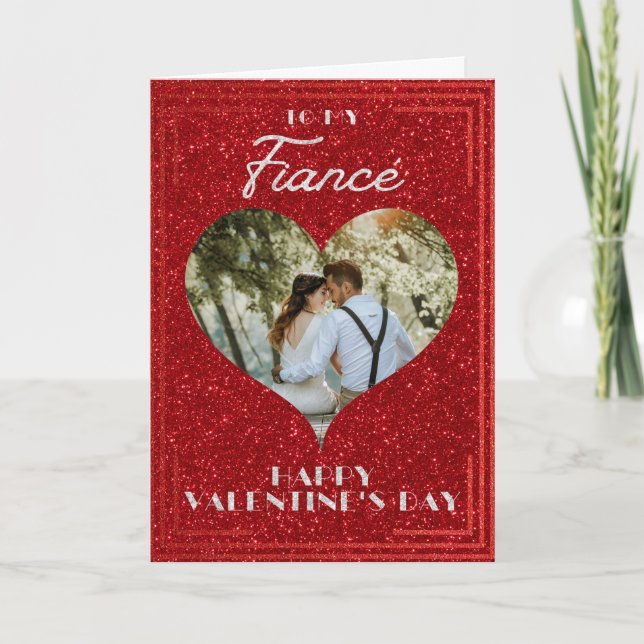 Fiancé Custom Photo Glitter Valentine Card (Front)