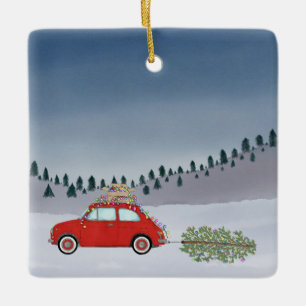 Fiat 500 car with Christmas tree Watercolor Ceramic Ornament