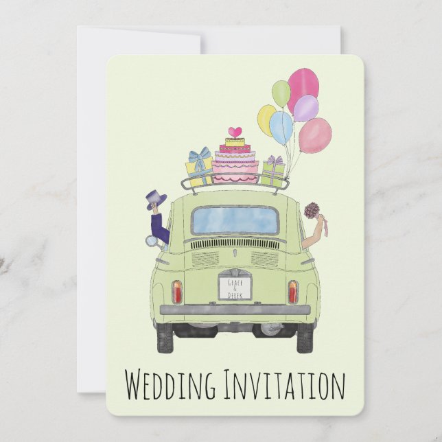 Fiat 500 Couple in car wedding invitation (Front)
