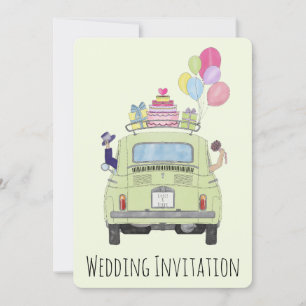Fiat 500 Couple in car wedding invitation