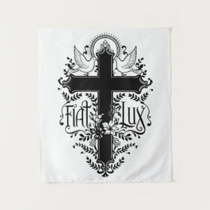 Fiat Lux – Ornate Cross with Doves & Floral Motif Tapestry