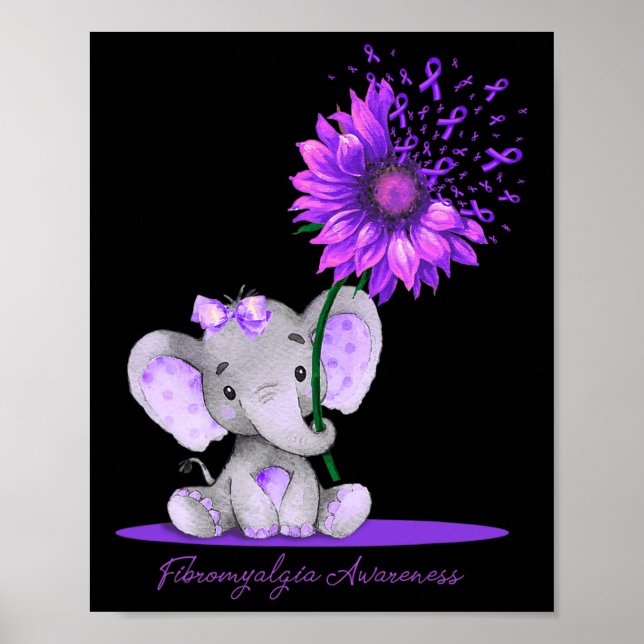 FIBROMYALGIA AWARENESS Cute Elephant Sunflower Pur Poster (Front)