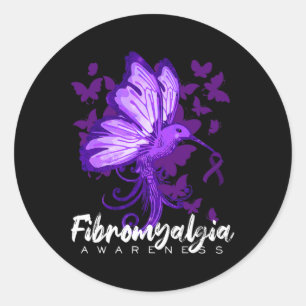 Fibromyalgia Awareness Hummingbird Holding Purple  Classic Round Sticker