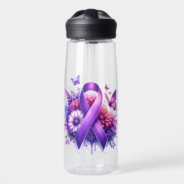 Fibromyalgia Awareness Ribbon Water Bottle (Front)