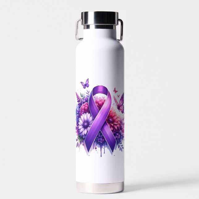 Fibromyalgia Awareness Ribbon Water Bottle (Front)
