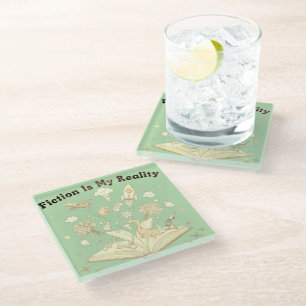 Fiction Is My Reality Book Lover Fantasy Design Glass Coaster