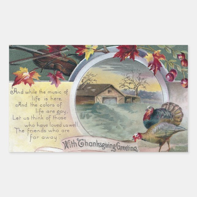 Fiddle, Turkeys and Barn Vintage Thanksgiving Rectangular Sticker (Front)
