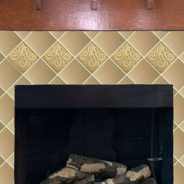  Fiddlehead fern Tan Ceramic Tile (Gold Fiddlehead firn shown on a fireplace)