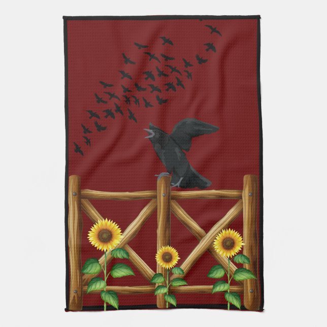 Field Birds Crows Sunflowers Ravens Tea Towel (Vertical)