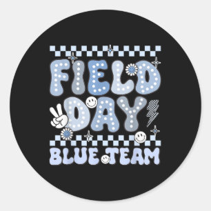 Field Day Blue Team Groovy Smile Face Chequered St Classic Round Sticker
