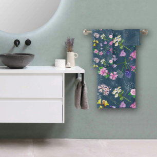 Field flowers, hand-painted in watercolour on blue bath towel set