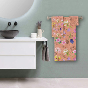 Field flowers, hand-painted in watercolour, orange bath towel set