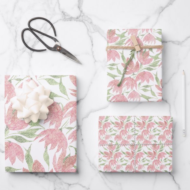 Field Flowers Lace Textured Pink White Wrapping Paper Sheet (Front)