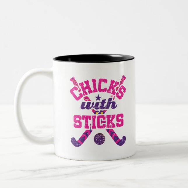 Field Hockey Chicks with Sticks Two-Tone Coffee Mug (Left)