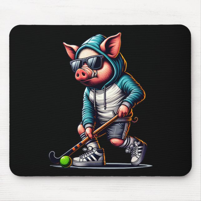 Field Hockey Pig In Hoodie With Sungles Stick  Mouse Mat (Front)