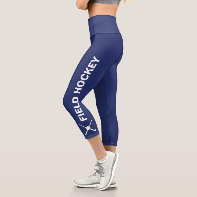 Field Hockey Team Custom Text, Team Name Navy Blue Capri Leggings (Left)